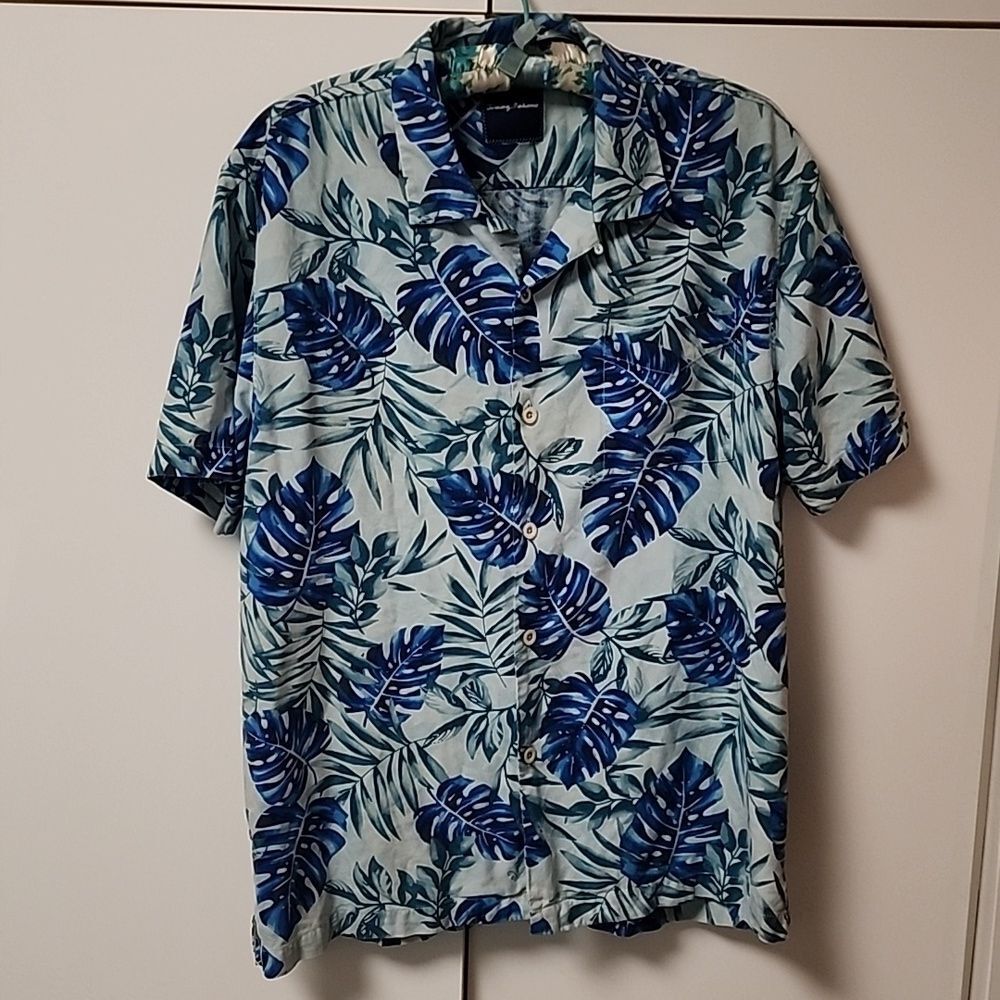 Tommy Bahama Blue Green Tropical Monstera Leaf Palm Hawaiian 100% Silk Shirt